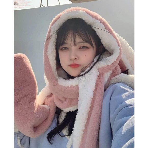Cute Rabbit Ear Plush Beanie Hat Scarf Set Women Fluffy Fleece Hoodie Warm - Picture 4 of 4